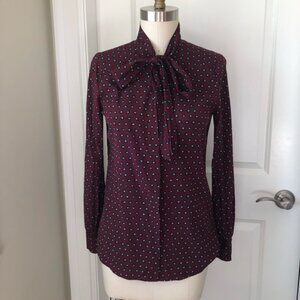DKNY Burgundy Red Green Dots Print Silk Button Down Shirt